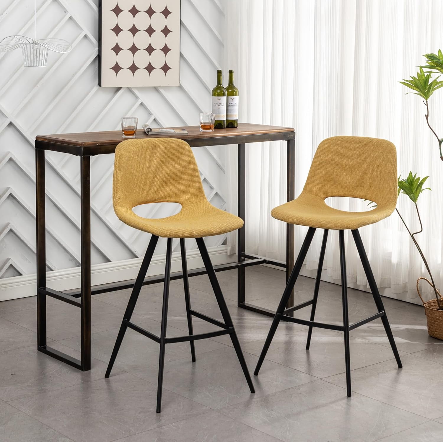 28.25" Counter Height Bar Stools Set of 2, Yellow Linen Upholstered Bar Chairs with Hollow Cutout Back, Black Metal Legs & Footrest for Kitchen Island Home Bar