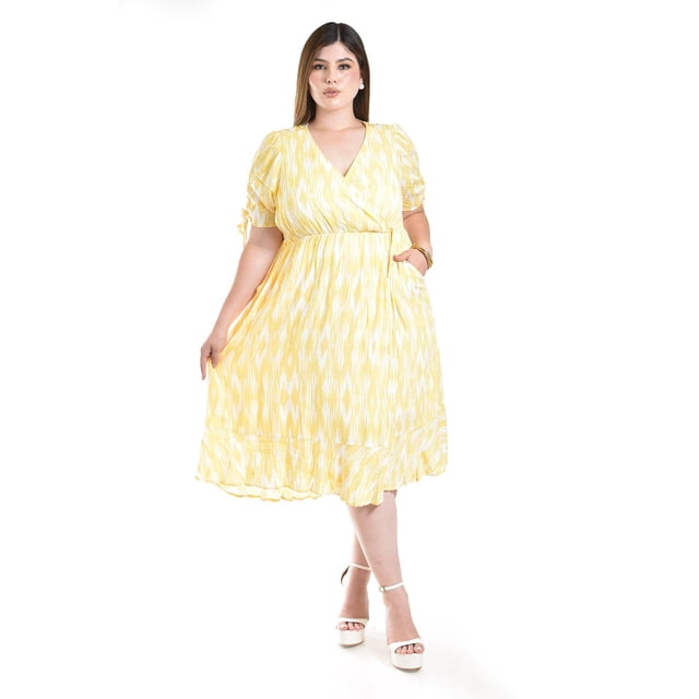 Vestido cruzado con textura Roman Fashion /Tallas Extras, 9234 (Amarillo) amarillo 42