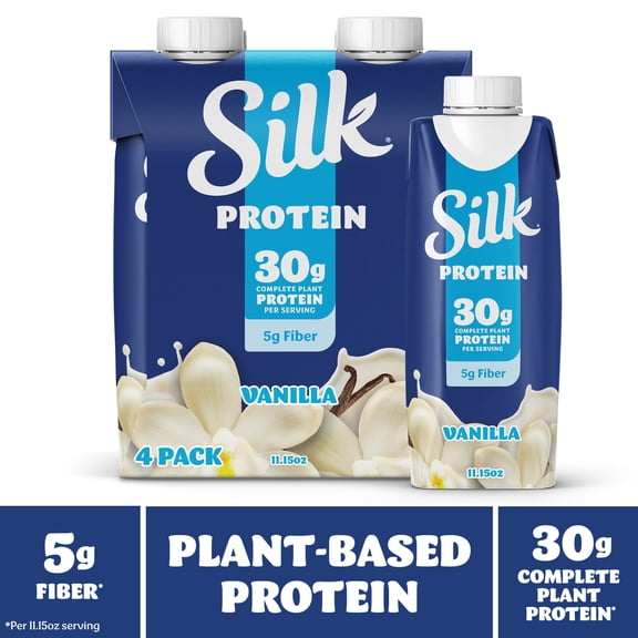 Silk 30g Vanilla Protein Shakes, Dairy Free, Lactose Free, Ready to Drink Complete Plant Protein Shakes, 11.15 fl oz Bottles, 4 Count