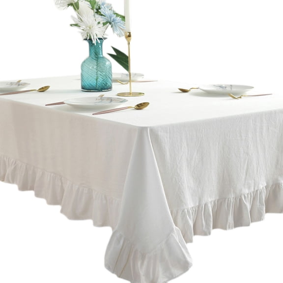 Rustic Vintage Flounces Ruffle Trim Tablecloth Washable Cotton Linen Table Cover