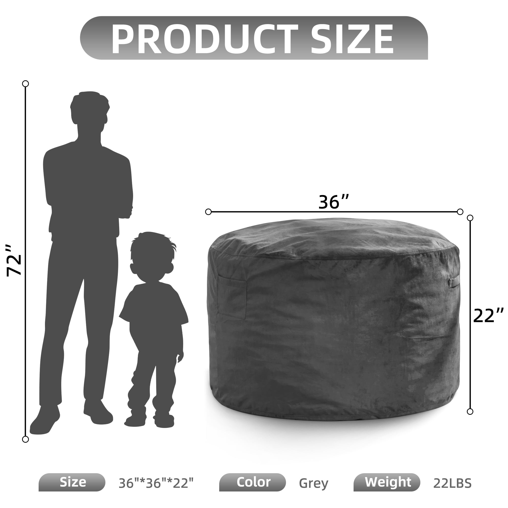 3FT Bean Bag Chair Bean Bag Chairs for Adults Giant Bean Chairs with Velvet Cover, Memory Foam BeanBag Chair Fluffy BeanBag Chairs for Living Room, Bedroom - Grey (36" x 36" x 22")