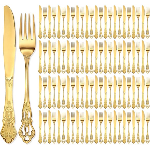 100 Pcs Gold Forks and Knives Cutlery Set Stainless Steel Steak Knives Forks Flatware Retro Royal Silverware Set for Wedding Party Restaurant Dishwasher Safe