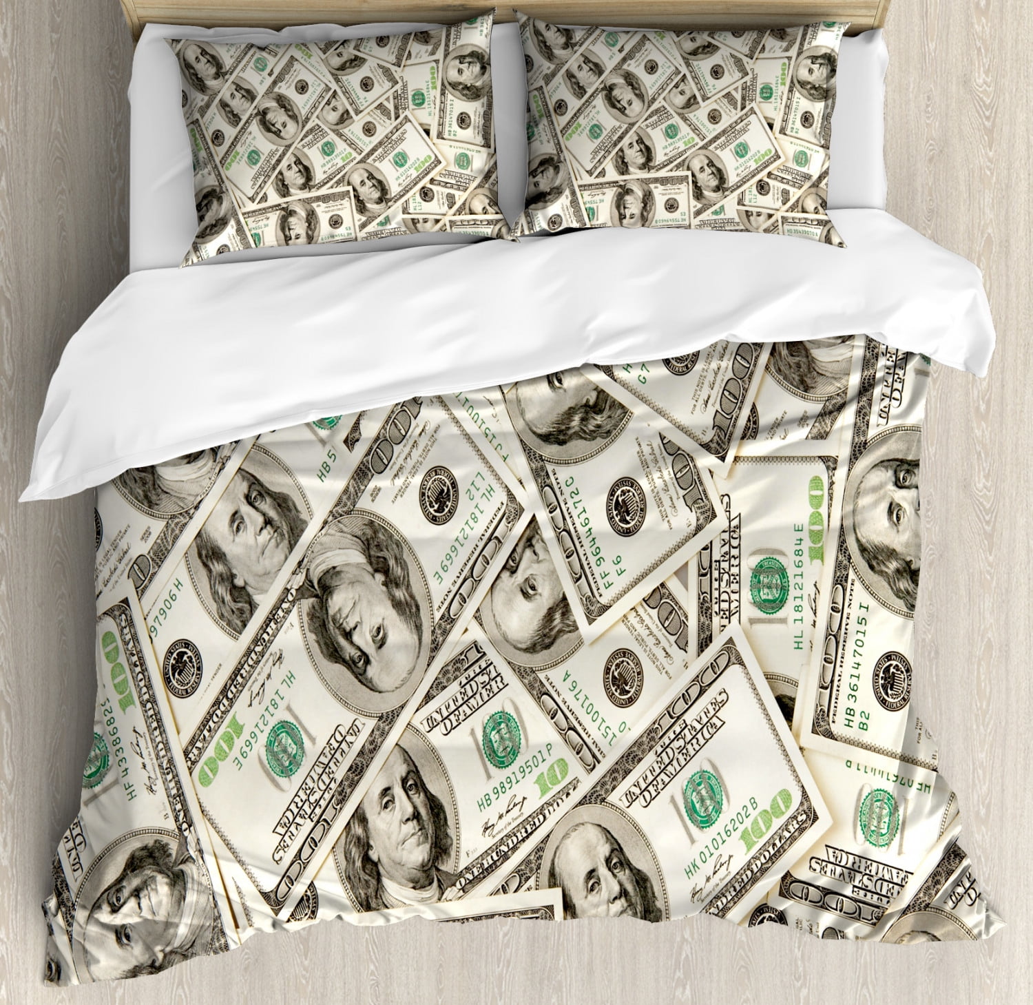 Money Quilted Bedspread & Pillow Shams Set Bills with Ben Franklin Print 