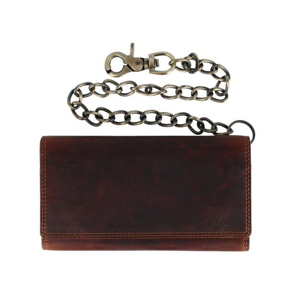 CTM  Crazy Horse Leather Long Trifold Checkbook Chain Wallet (Men)