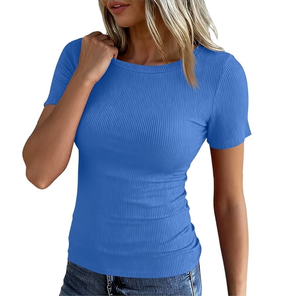 Women Short Sleeve Crewneck Ribbed Knit Slim Fitted Shirts Summer Tops Basic Tee Casual 2026 Fall Outfits Clothes Blue L