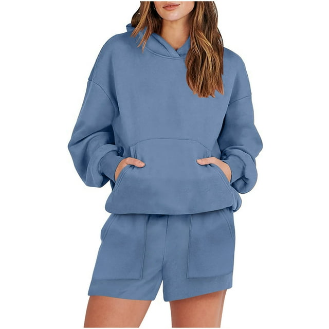 IROINNID Survêtement pour Femmes Ensemble 2 Pcs Réduit Décontracté à Capuche à Cordon de Serrage Manches Longues Chandail en Molleton avec Poche et Shorts Ensemble Jogging, Bleu
