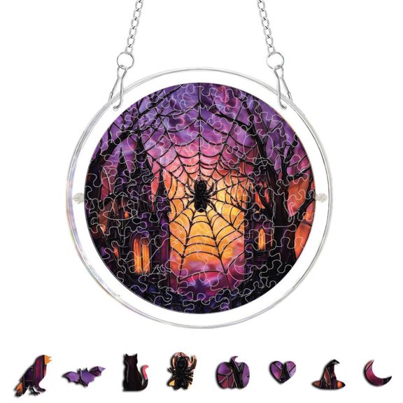 Halloween Skull Acrylic Puzzle Hanging Decor Set, Spooky Skeleton Ornaments for Wall Window Tree Indoor Party Purple