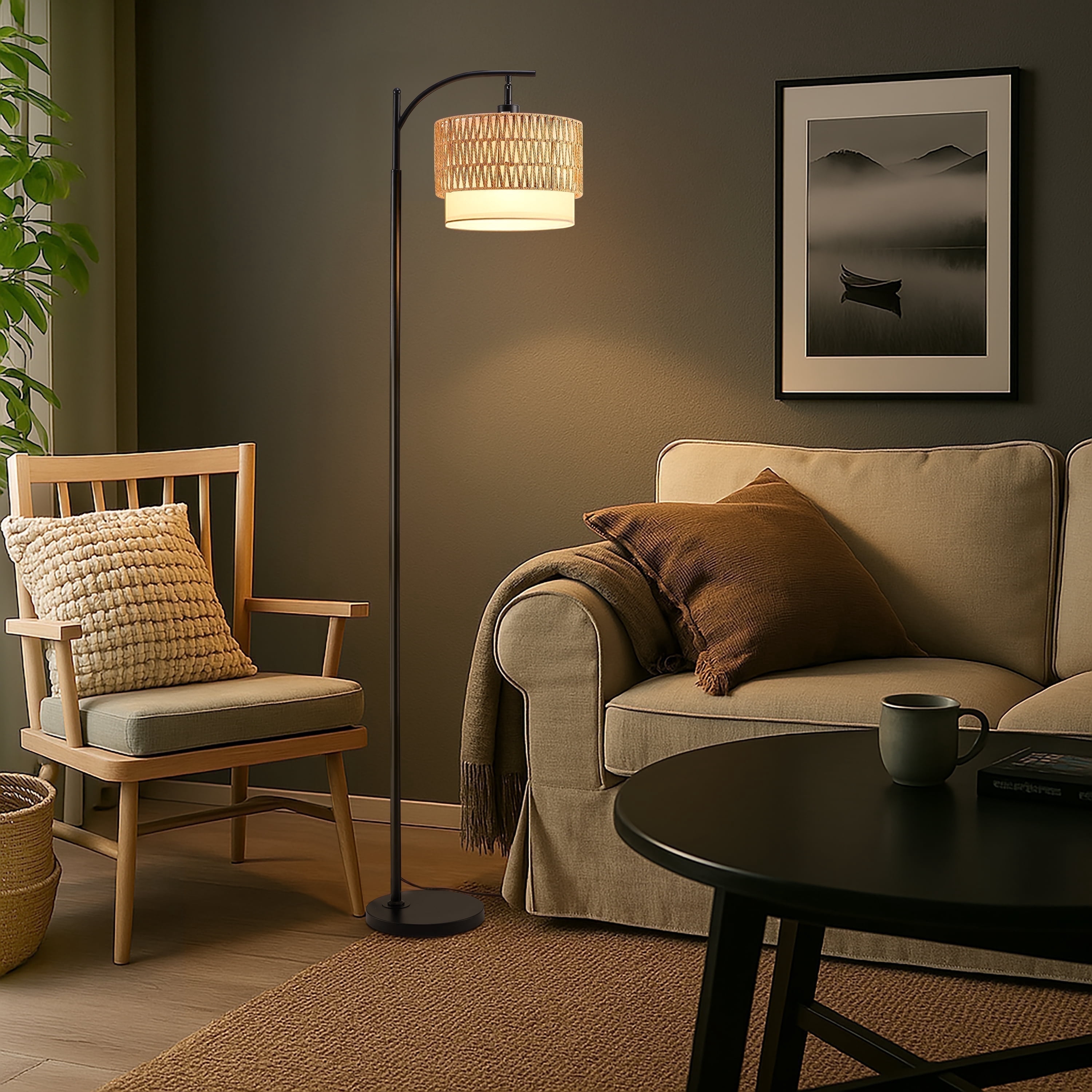 Coliware Rattan Floor Lamp for Living Room, Standing Lamp with Double Drum Shade, Dimmable Farmhouse Floor Lamp for Bedroom, 3 Color Temperatures Bulb Included