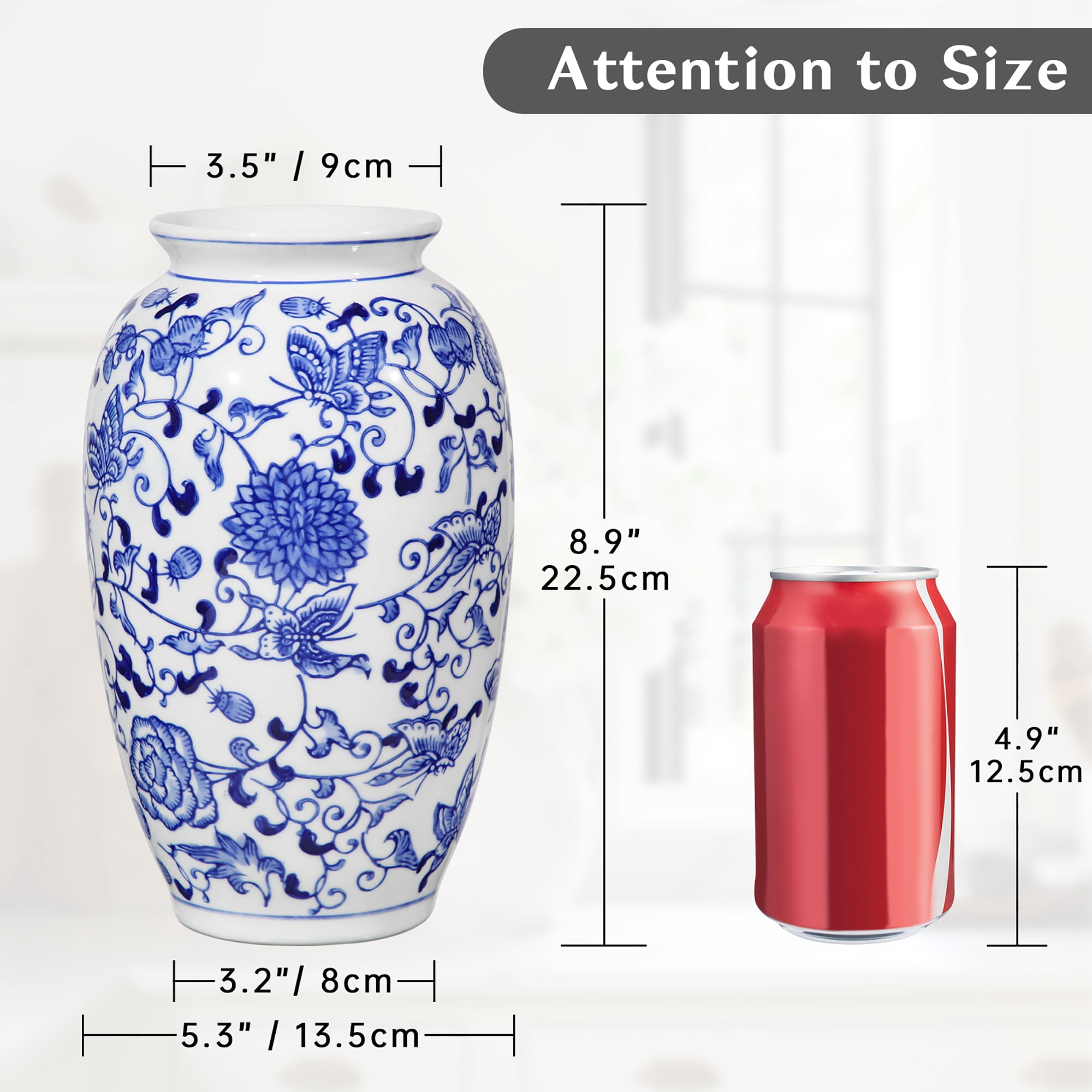 Blue and White Vase, Blue Ceramic Vase for Home Decor 8.9" Chinoiserie Vase for Flowers Porcelain Vase for Home Decor Bathroom Dinner Table Centerpieces