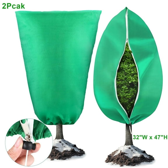 Wiher Plant Covers Freeze Protection, 2 Pack 32''×71'' Green Frost Cloths Blankets with Zipper Drawstring Shrub Tree Covers for Winter Outdoor Plants Freeze Protection(Green)