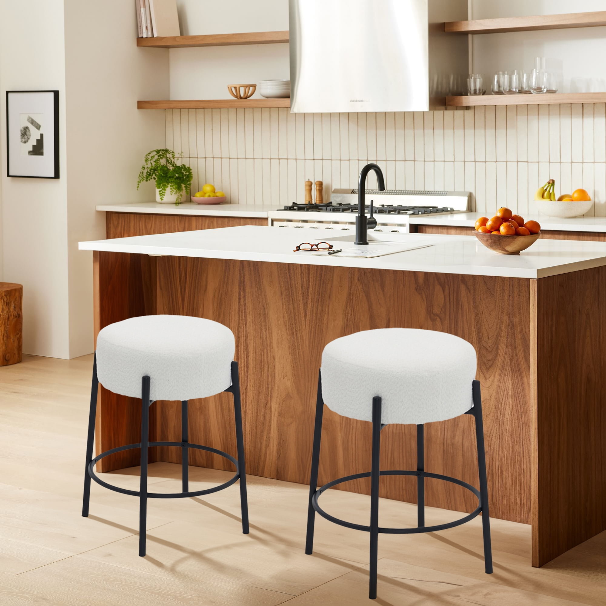 Miniyam Counter Height Bar Stools Set of 2,Boucle Kitchen Stools Upholstered Dining Chair Stools 24 Inch Height,White+Black