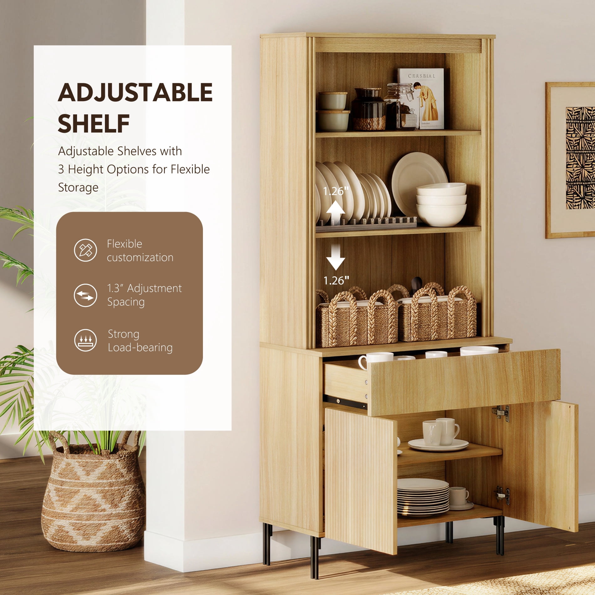 71.6" Tall Fluted Kitchen Pantry Cabinet Set of 2, Wood Bookcase Display Cabinet with Doors and Adjustable Shelves, Modern Versatile Cupboard For Dining Room, Bedroom