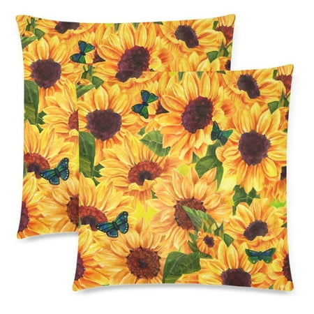 YKCG 2 Pack Watercolor Summer Sunflower and Butterfly Cotton Pillowcase 18x18 Cushion Cover Case Twin Sides, Vibrant Yellow Flower Zippered Pillow Case Cover Set Decorative for Couch Bed