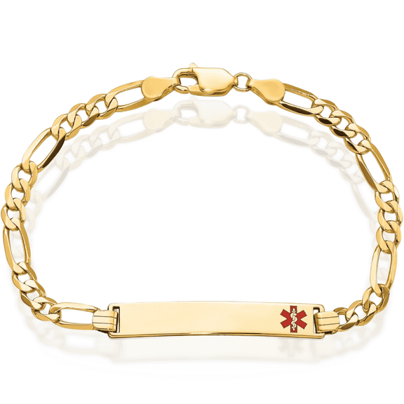 14K Solid Yellow Gold Medical Alert Figaro Link Name Bar Identification ID Bracelet