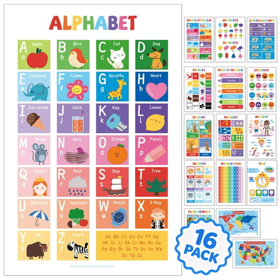16 Laminated Educational Posters for Toddlers & Kids - Homeschool Supplies & Kindergarten Classrooms - Includes Alphabet ABC, Numbers 1-100, Shapes, Colors, World & USA Map (17x11", Ships Flat)