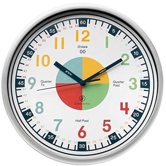 Owlconic® Kids Learning Wall Clock, Silent Analog Teaching Clock, 10 Inch, Multicolor