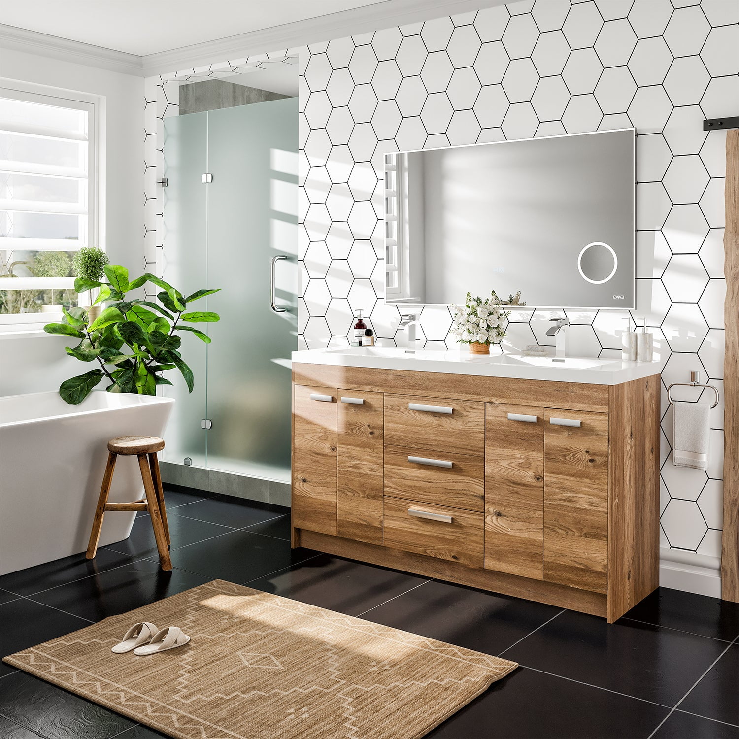 Eviva Lugano 60" Natural Oak Modern Double Sink Bathroom Vanity w/ White Integrated Top