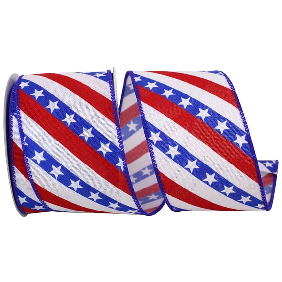 2.5"x10yd Patriotic Stars and Stripes on Royal Wired Edge Ribbon-Red, white, blue93795W-653-40F