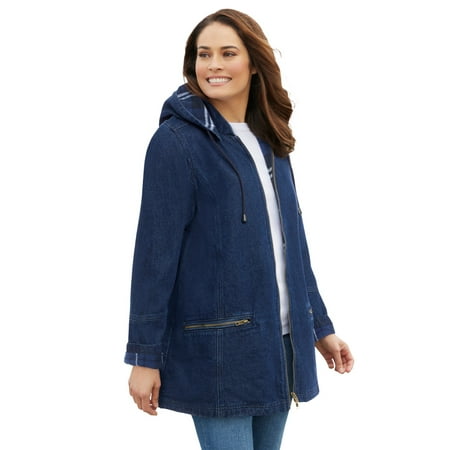 Woman Within Plus Size Flannel-Lined Denim Jacket Removable Hood Long Oversized Jean Coat
