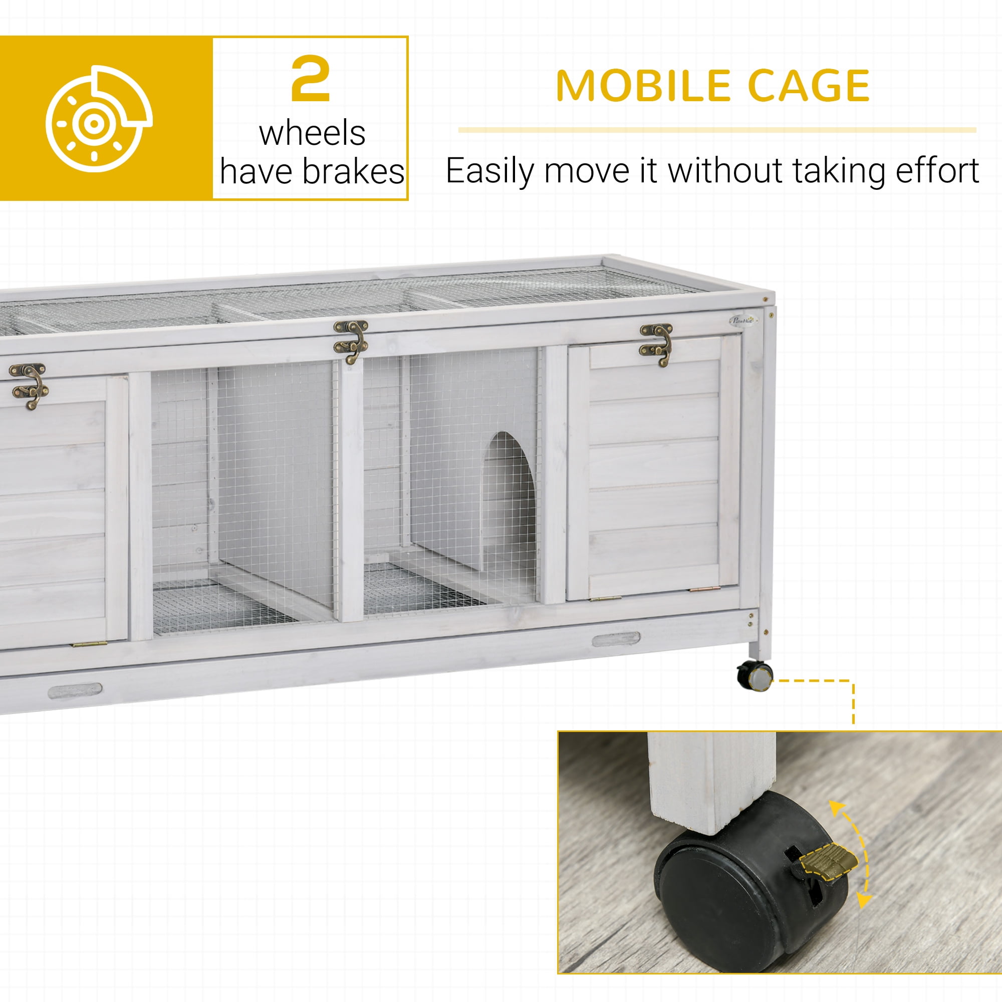 Pet Playpen PawHut Wooden Rabbit Hutch, Bunny Cage with Wheels, Dividers, Openable Roof, Removable Trays, Small Animal Cages for 1-2 Rabbits, Indoor Outdoor Use, Light Gray,Guinea Pig Cage