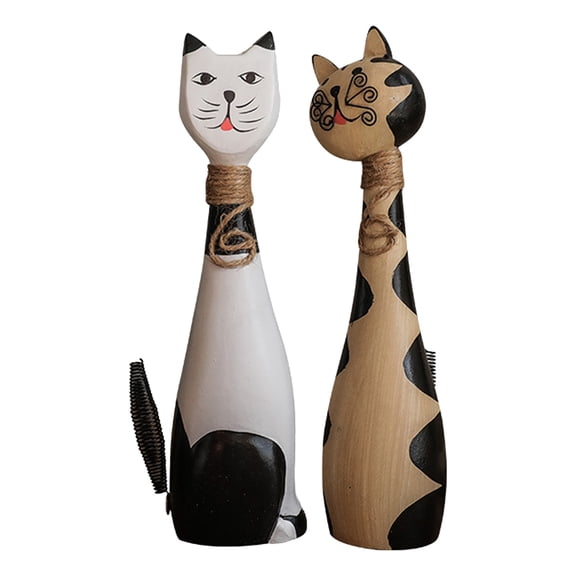 2pcs Cute Wooden Cat Statues Home Decor,Modern Black and White Cat Figurines Animal Sculpture for Shelf Table Desk Living Room Bedroom Decoration