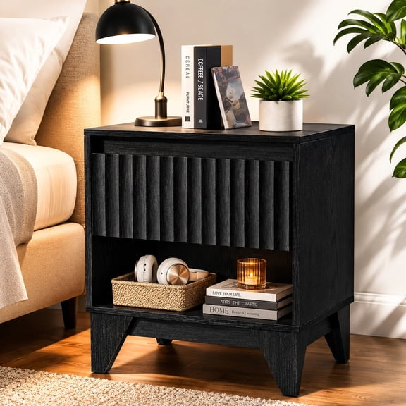 UPGO 1 - Drawer Black Nightstand one Drawer Nightstand With Charging Station, Versatile Side Table With Storage