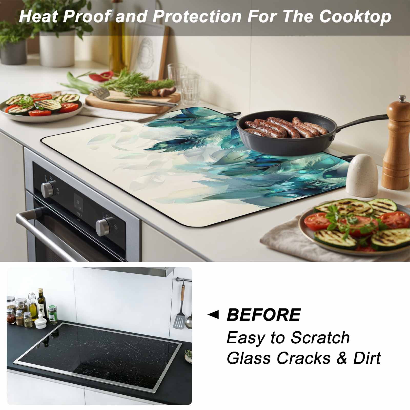 Teal Feather Stove Top Cover for Electric Stove, Heat-proof & Non Slip Glass Top Stove Cover Protector, Farmhouse Feather Art Teal Ombre Kitchen Flat Cooktop Rubber Mat 24x21 Inches