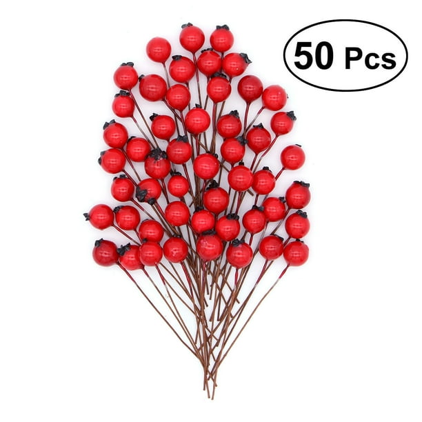 50 Unids / lote Pequeñas Bayas de Frutas Artificiales con Tallo Flores Falsas Estambres de Cereza DIY Craft Accesorio (Rojo)