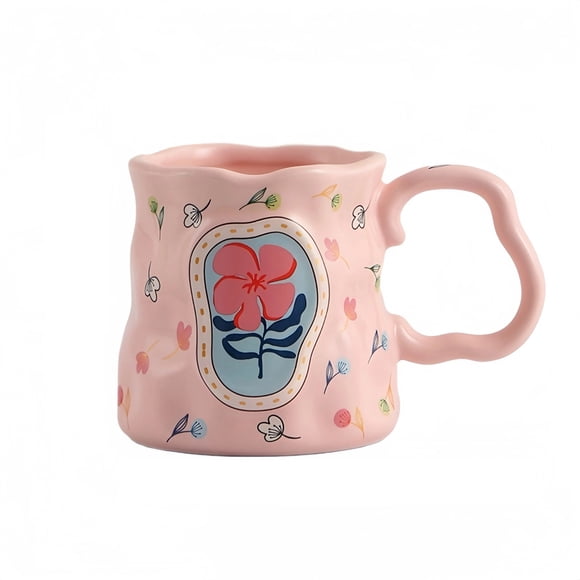 High End Floral Ceramic Breakfast Mug Irregular Cute Flower Coffee Cup with Handmade Big Handle for Tea Kitchen and Café Mugs