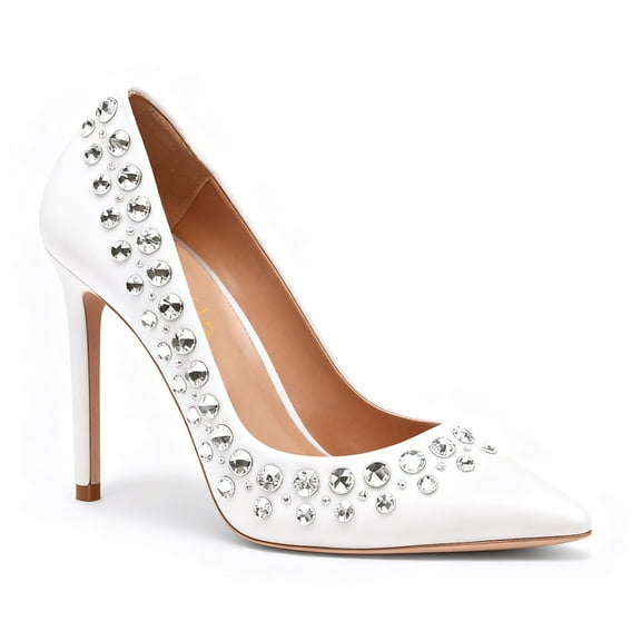 XYD Women Slip-on Pumps Stiletto High Heels Sparkling Crystals Closed Pointed Toe Formal Evening Shoes Size 7 White