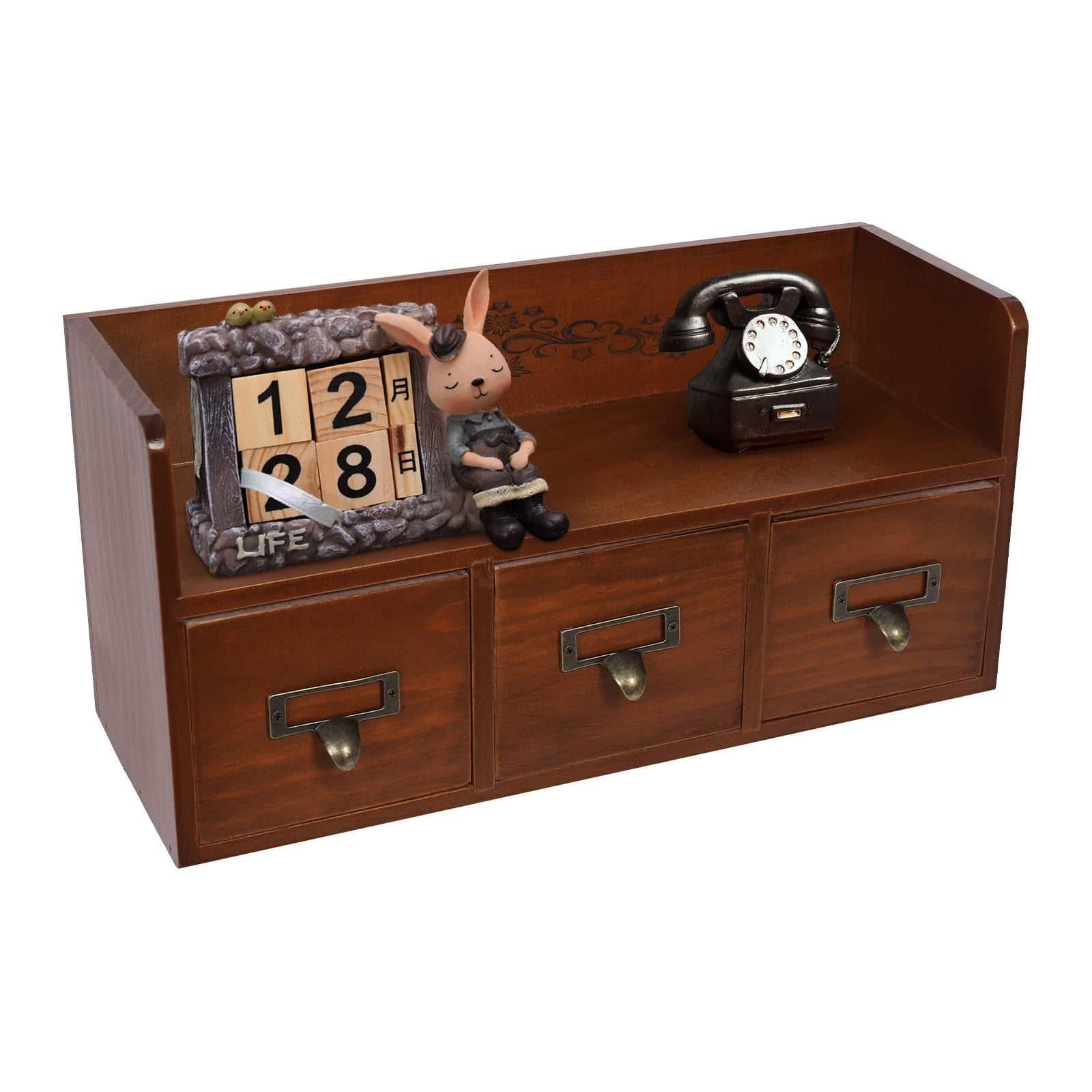 Wood Desktop Organizer with 3 Drawers, Desk Drawer Cabinet with Top Shelf Tabletop Desk Storage Drawers Vintage Supplies Organizer Brown for Bedroom Living Room Office
