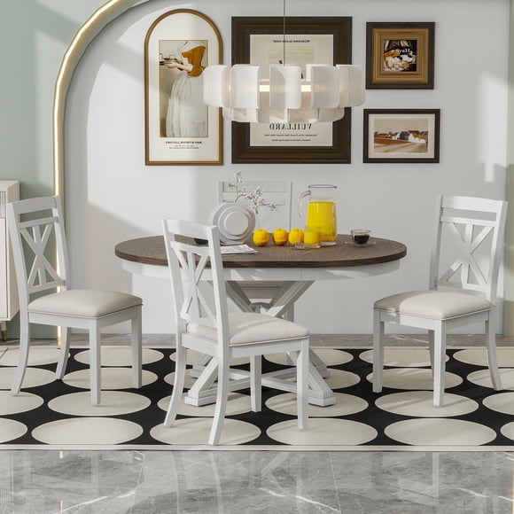 5-Piece Retro Functional Dining Table Set Extendable Round Table And 4 Upholstered Chairs For Dining Room And Living Room (Brown+Antique White)