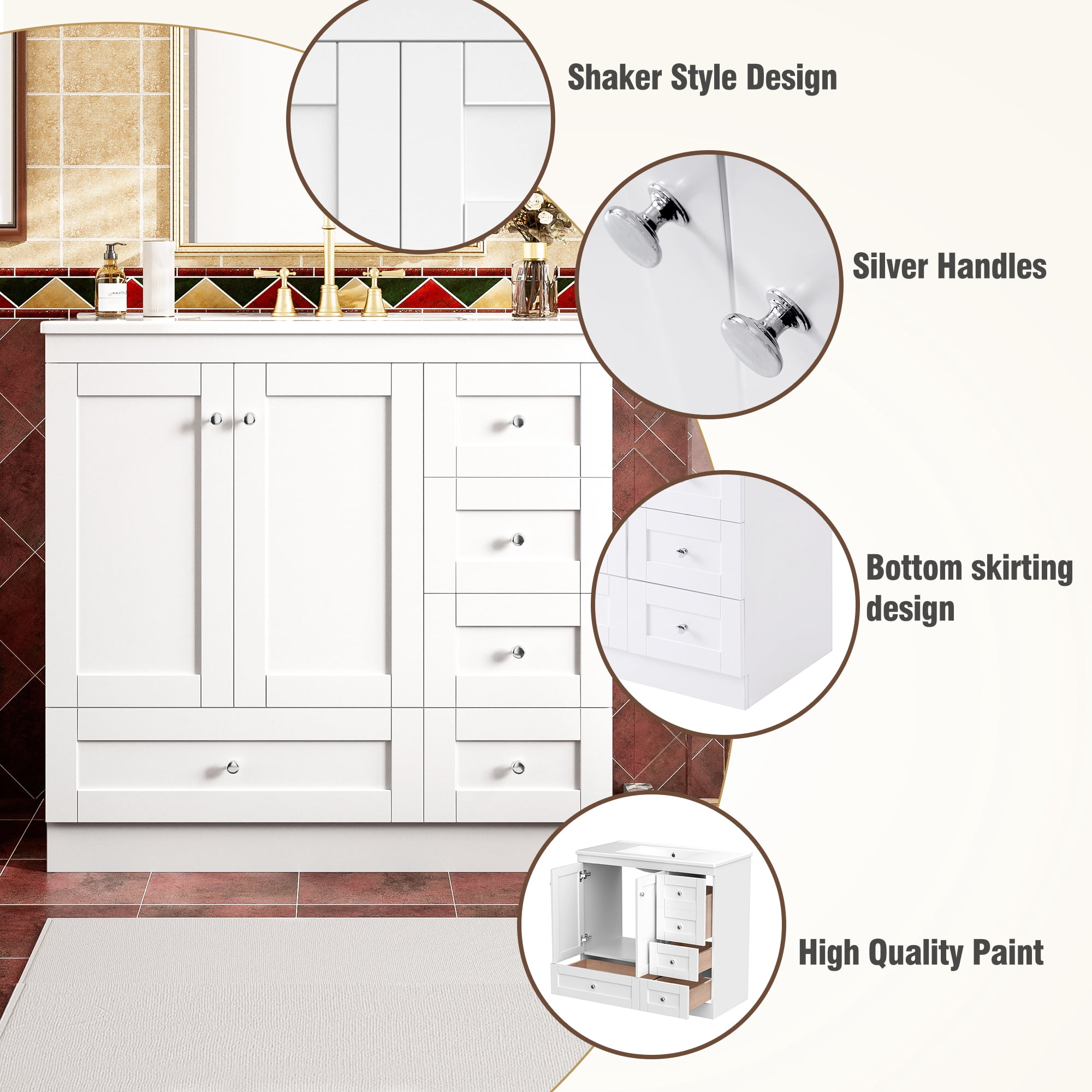 Shaker Style Bathroom Vanity with Ceramic Sink, 4 Soft Close Drawers and 2 Doors, 36" White for Ample Storage