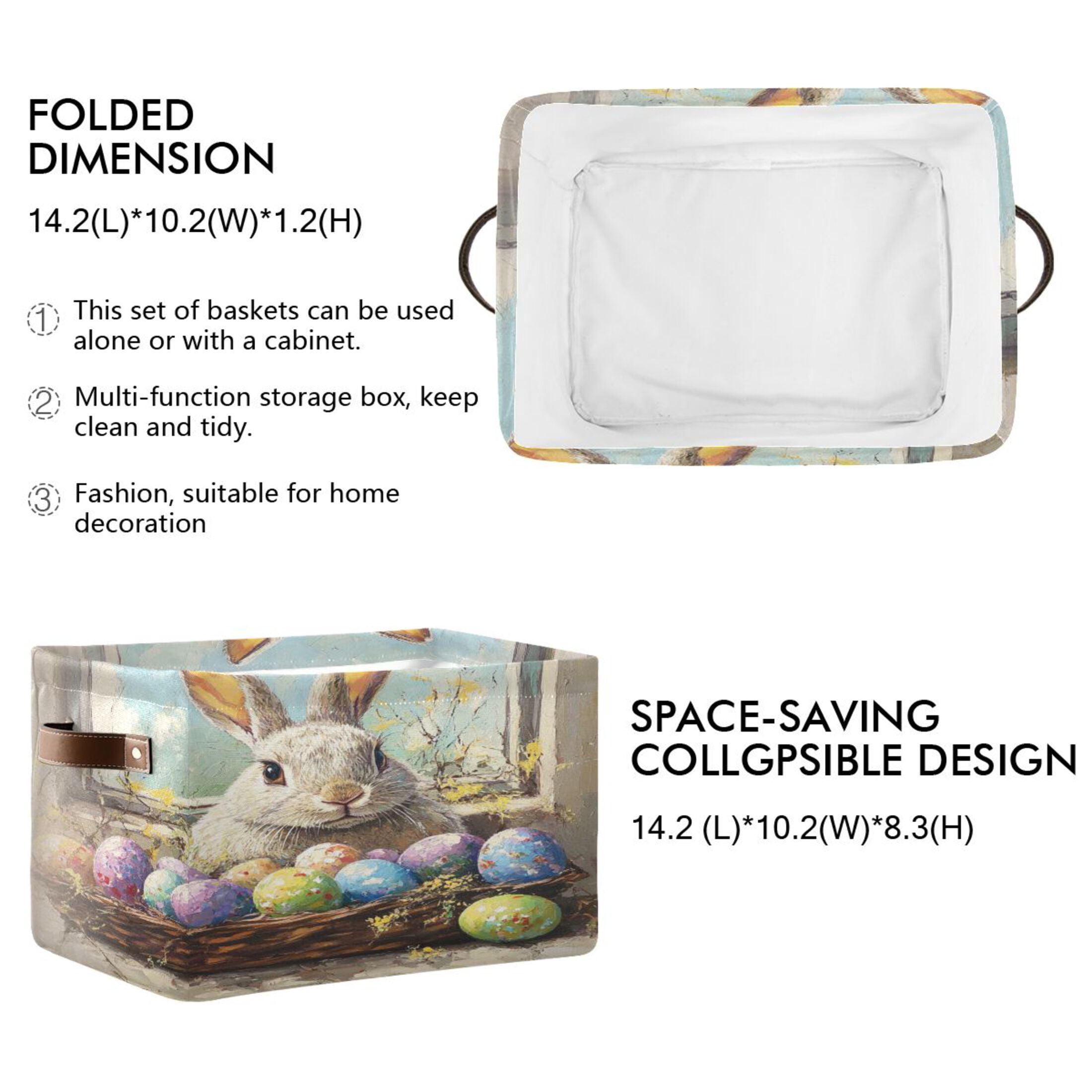 Square Storage Basket 14.2*10.2*8.3 Inch One Sizex2 Shelf Basket Open Home Storage Bins Bedroom Storage Basket Closet Storage Stylish Decor Cute Easter Bunny and Eggs