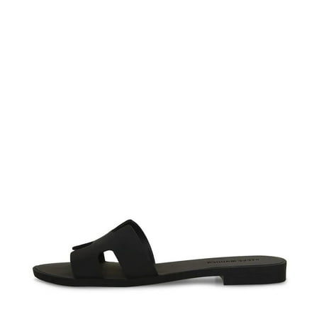 Steve Madden Hadyn-J Black Leather Slip On Open Rounded Toe Fashion Flat Sandals (Black Leather, 6)