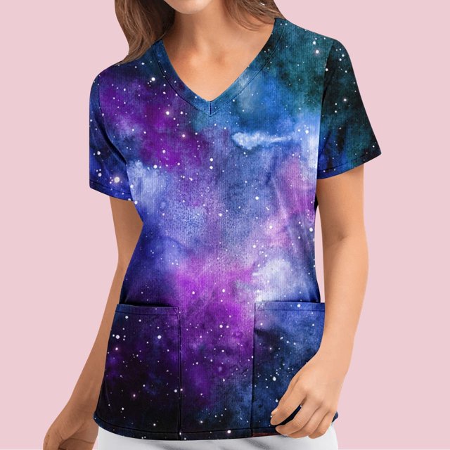 LSLJS Women's Fashion Short Sleeve V-Neck Tops Working Uniform Printing Pocket Blouse Tops, Womens Plus Scrubs