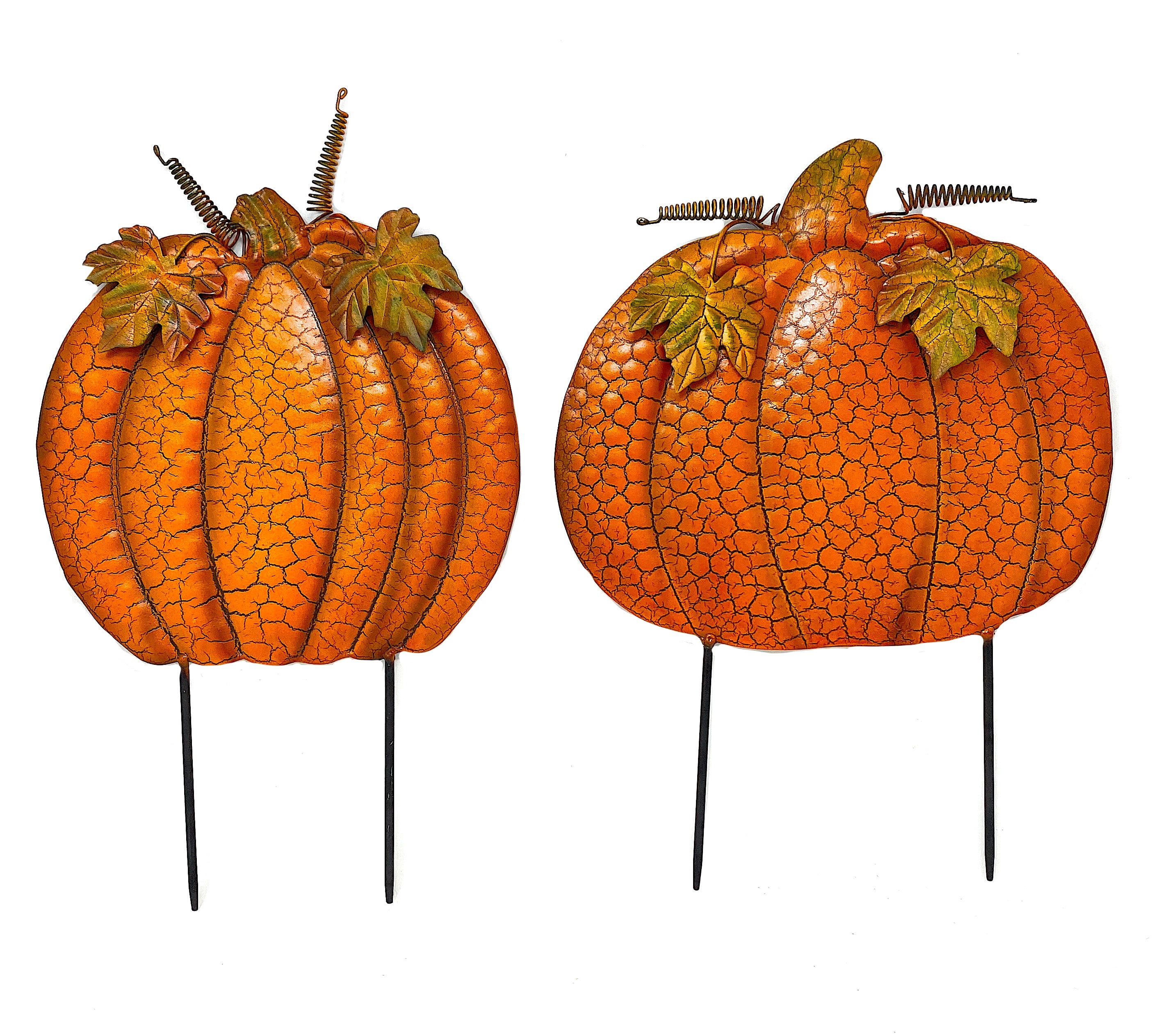 Set of 2 Pumpkin Garden Stakes Outdoor Metal Decor Orange 761 (16