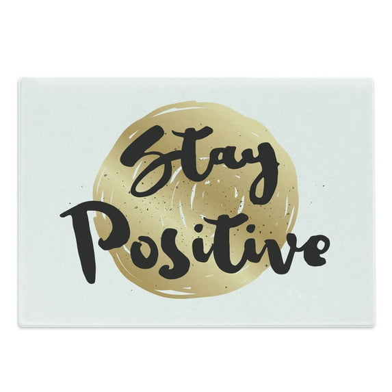 Positive Energy Cutting Board, Ink Written Motivational Phrase on Circular Brushstroke, Decorative Tempered Glass Cutting and Serving Board, in 3 Sizes, by Ambesonne