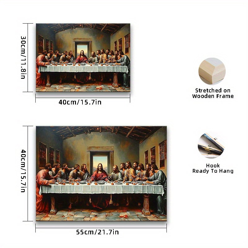 Classic Religious The Last Supper Framed Canvas Art Print - Wood Frame, Horizontal Orientation, Multiple Sizes for Living Room, Dining Room, Church - Holiday Decor for Christmas, Easter,