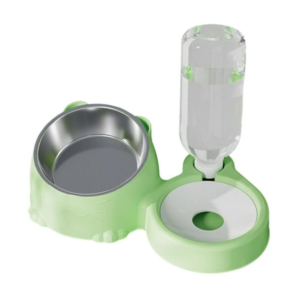 Cuencos dobles para gatos, plato elevado para gatos, 2 en 1, con botella de agua automática, comedero para mascotas, juego de cuencos de comida y agua verde