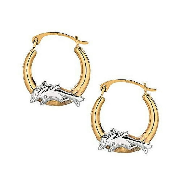 Jewelstop 10K Two-tone Gold Shiny Round Hoop Earrings With Dolphins