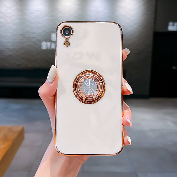 TECH CIRCLE Case for iPhone XR ,360° Rotatable Ring Holder Gold Luxury Shiny Electroplated Plating Edge Magnetic Stand Cover, Soft TPU Protective Phone Cover for iPhone XR,White