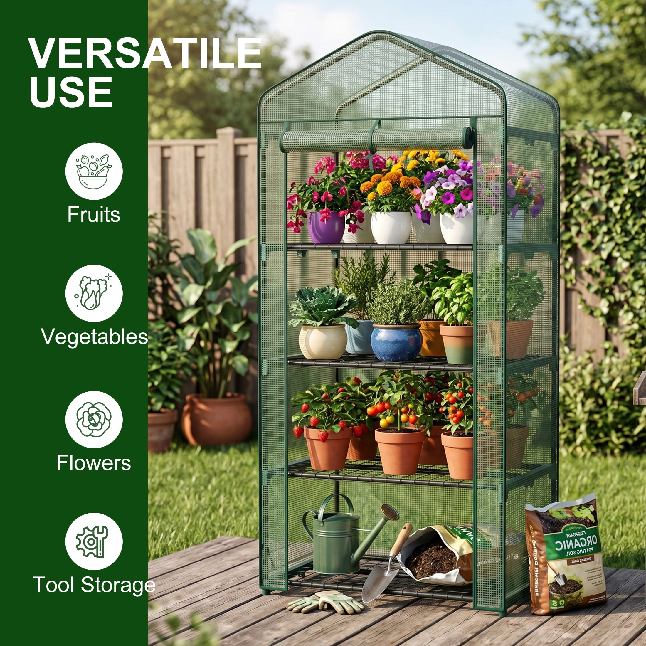 JIOABL 4-Tier Mini Greenhouse with PE Cover, Portable Plant Grow House with Zipper Door & Steel Frame for Indoor Outdoor Garden, Green