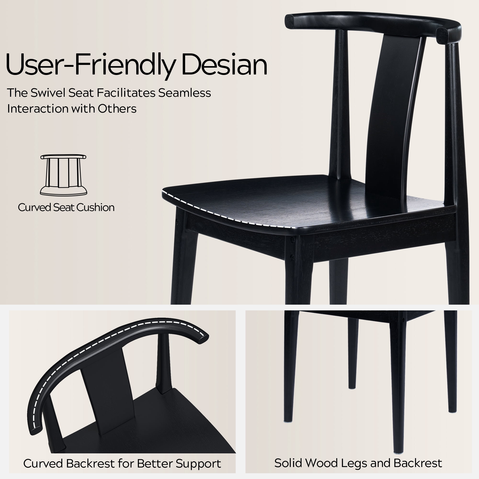 EYYTHUNG Wood Dining Chairs Set of 2, Farmhouse Kitchen Chairs with Curved Back Mid Century Wishbone Dining Chairs, Black