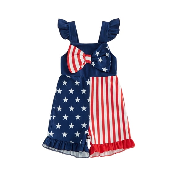 BemeyourBBs Toddler Baby Girl 4th of July Outfit Patriot Independent Day Clothes Little Girl Summer Overalls Shorts Fourth of July Flying Sleeve Star Stripe Print Front Bow Romper Jumpsuit Overall