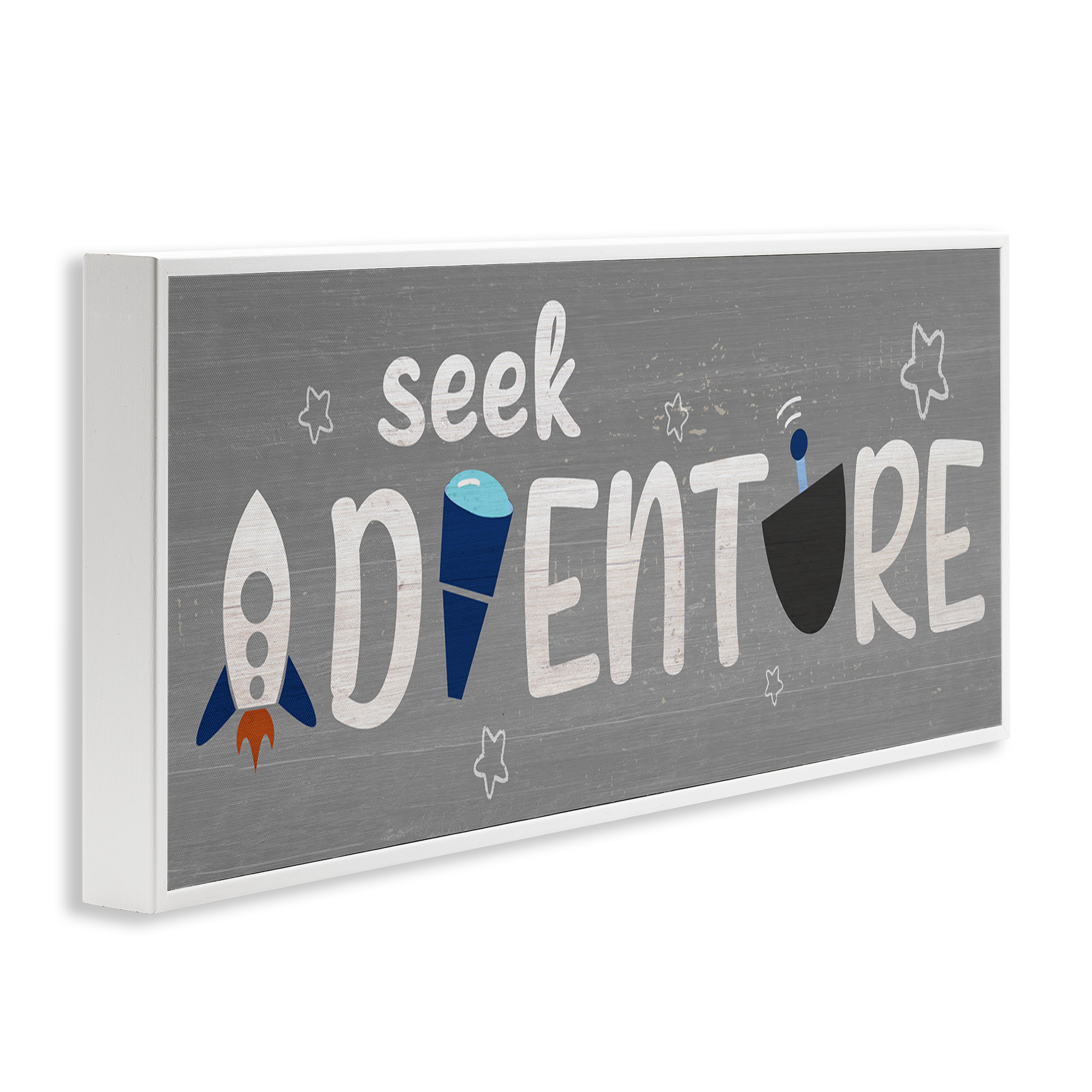 Stupell Industries Seek Adventure Imagination Sentiment Art for Kids Painting White Framed Art Print Wall Art, 30 x 13