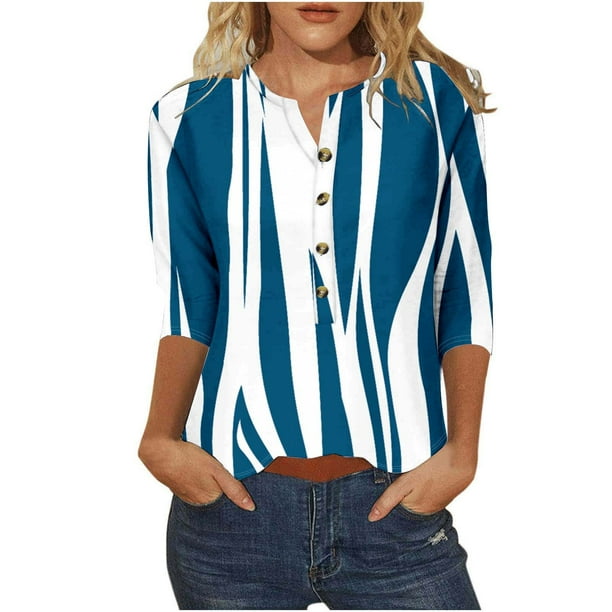 3/4 Manga Superior Impresa Botón Suelto Cuello Redondo Camiseta, Tops Sueltos para las Mujeres