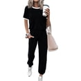 thumbnail image 2 of GYUJNB Ensembles 2 Pcs pour Femmes 2024 Été Col Ras du Cou Ensembles de Survêtement Manches Courtes Hauts Pantalons Longs Jogger Ensemble Décontracté,Noir,TTG, 2 of 6