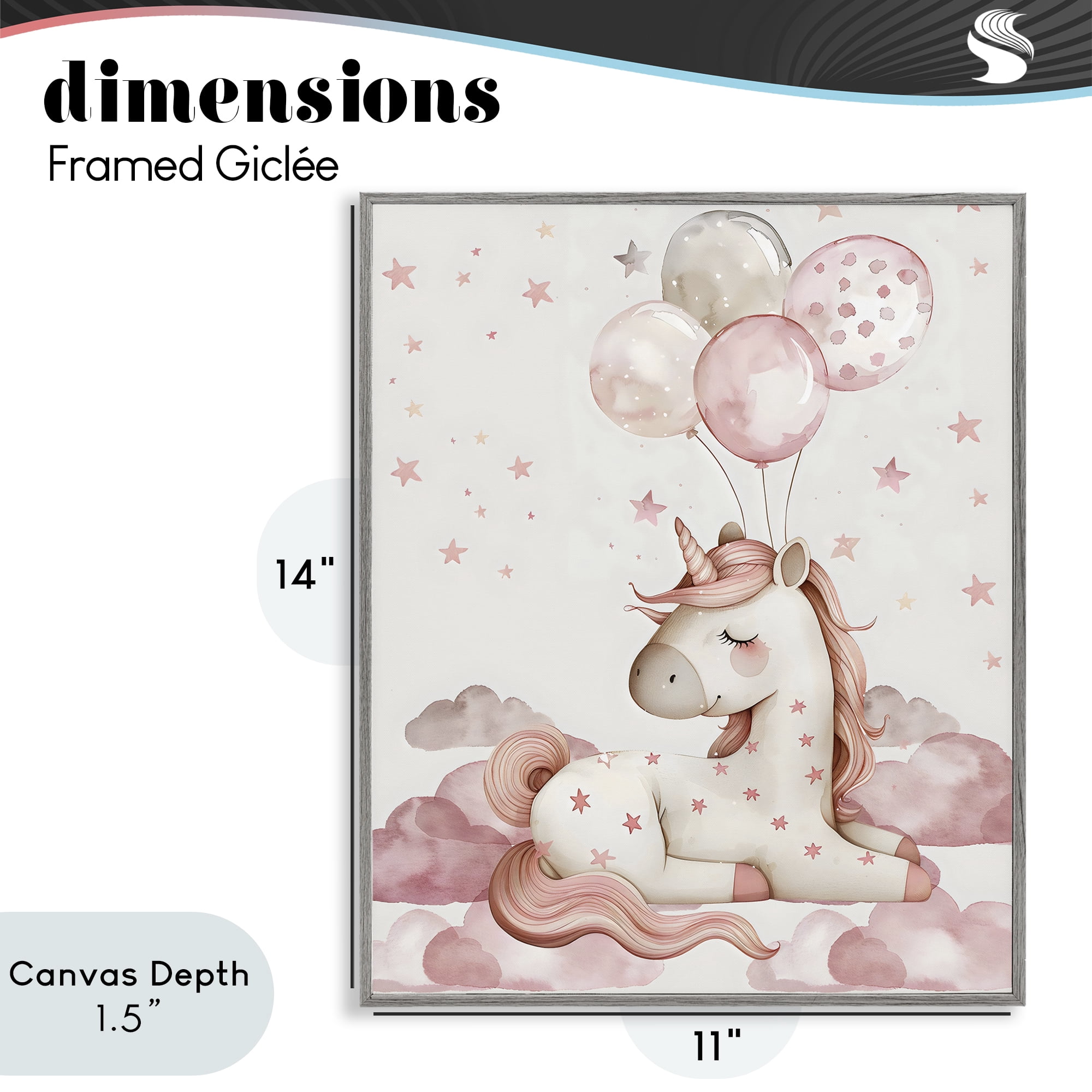 Stupell Industries Pink Unicorn with Balloons Gray Framed Giclee Art, design by LSR Design Studio