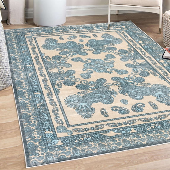 Boho Decorative Rug, Vintage Look Ethnic Look Pattern of Paisley Details and Bohemian Feels Damask, Quality Carpet for Bedroom Dorm and Living Room, 6 Sizes, Champagne and Blue, by Ambesonne